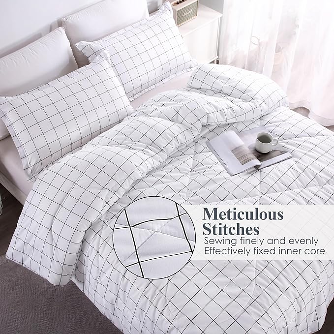 Andency White Grid Comforter Set King Size (104x90 Inch), 3 Pieces(1 Grid Comforter and 2 Pillowcases), Summer Lightweight Microfiber Down Alternative White Comforter with Black Lines
