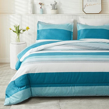 Litanika Teal White Bed Comforter Twin Set, XL Twin Comforter Striped Bedding Comforter Set, 2 Pieces Lightweight Soft All Season Down Alternative Comforter (1 Comforter, 1 Pillowcase)