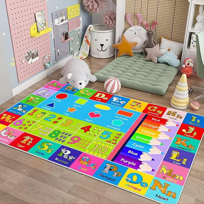 Kids Alphabet Play Game Rug - -4'x6' ABC Numbers and Shapes Educational Learning Toddler Carpet - Kids Room Playroom Classroom Kindergarten Activity Fun Soft Non-Slip Mat