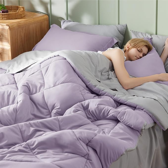 Bedsure Light Purple Full Size Comforter Set - 7 Pieces Reversible Full Bed in a Bag, Full Bed Set Light Purple and Grey with Comforters, Sheets, Pillowcases & Shams