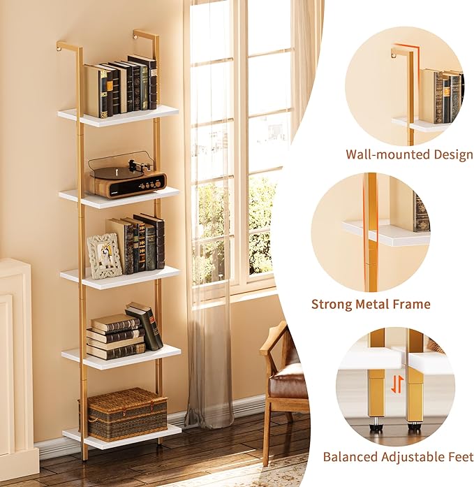 SUPERJARE 5 Tier Bookshelf, Narrow Book Shelf with Open Display Shelves, Small Bookcase with Metal Frame for Bedroom, Living Room, White and Gold