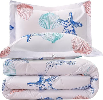 JSD 3 Piece Queen Beach Theme Kids Comforter Set, Jellyfish Starfish Shell Printed Comforter with Pillow Sham, Soft Comfortable Machine Washable