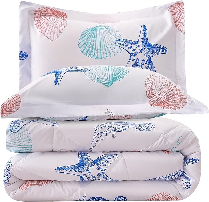 JSD 3 Piece Queen Beach Theme Kids Comforter Set, Jellyfish Starfish Shell Printed Comforter with Pillow Sham, Soft Comfortable Machine Washable