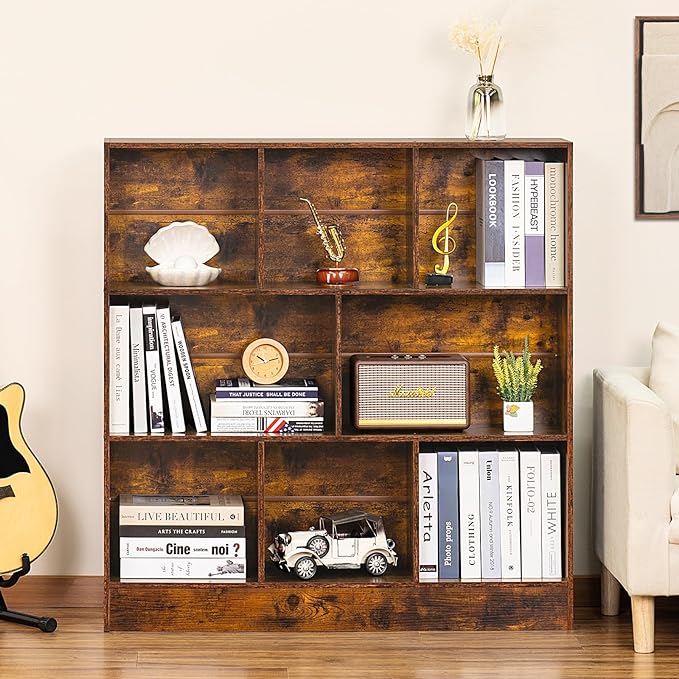 LEYAOYAO 8 Cube Bookshelf with Base,3 Tier Mid-Century Modern Brown Bookcase,Standing Wide Bookshelves Storage Organizer Shelf,Rustic Wood Display Cabinet Book Shelves for Bedroom,Living Room,Office
