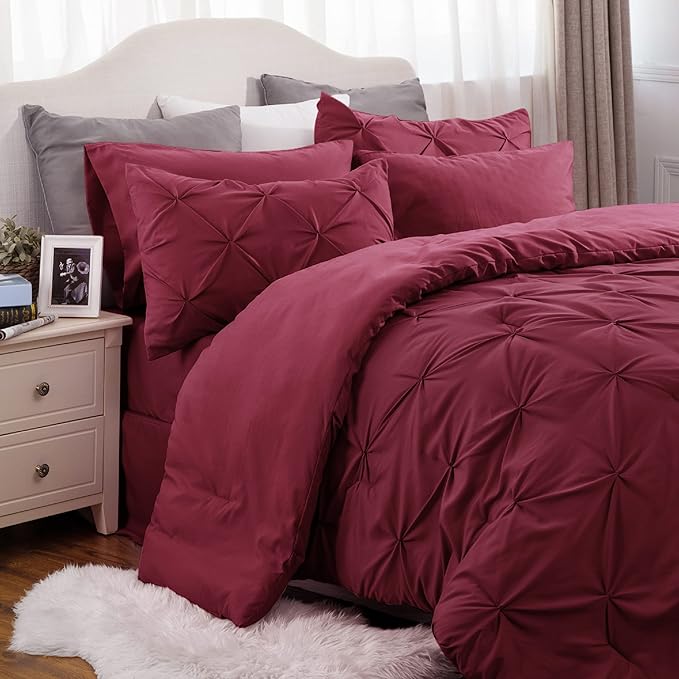 Bedsure King Size Comforter Set - Bedding Set King 7 Pieces, Pintuck Bed in a Bag Burgundy Bed Set with Comforter, Sheets, Pillowcases & Shams