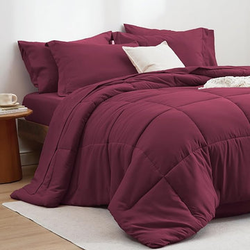 Bedsure Burgundy King Size Comforter Set - 7 Pieces Solid King Bed in a Bag, King Bed Set Burgundy with Comforters, Sheets, Pillowcases & Shams