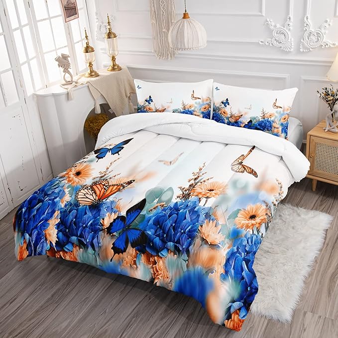 CVHOUSE Butterfly Bedding Set,Butterfly Comforter Twin,Butterfly Comforter Set for Girls Kids Teens,Butterflies Quilt Set with 1 Comforter and 2 Pillow Cases- 3 Piece