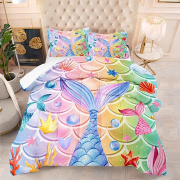 NINENINE Mermaid Tail Bedding Sets,Mermaid Comforter Rainbow Bedding,Twin Comforter Sets for Girls,Blue Glitter Comforter Sets with 1Comforter 1Pillowcase