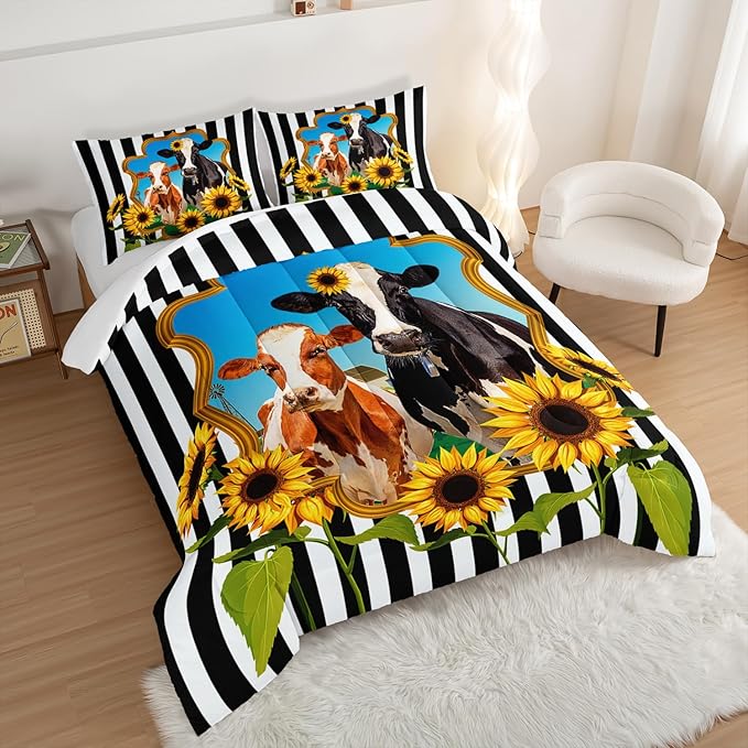 HOSIMA Animal Theme Bedding Set Bull and Cow Comforter with 2 Pillowcases,Black and White Stripes Full Size Comforter Set for Adults Teens Kids,Sunflower Print Western Bedding Sets.