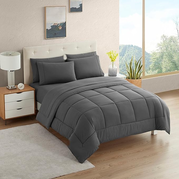 Dorm Room Essentials College Bedding Comforter Set 5 Piece Twin Size Bed in a Bag for College Students Boys and Girls, Twin, Gray