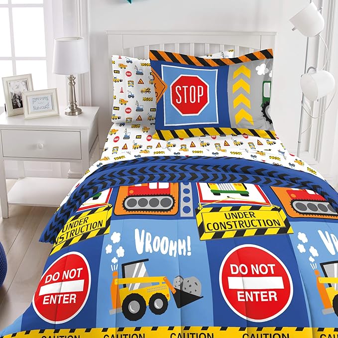 dream FACTORY Under Construction 7-Piece Microfiber Bag Comforter Bedding Set Super Soft-Full, Navy Blue,2D871902NY