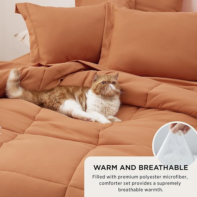 Bedsure Burnt Orange King Comforter Set - 7 Pieces Solid King Bed in a Bag, King Bed Set Burnt Orange with Quilted Warm Fluffy Comforters, Sheets, Pillowcases & Shams