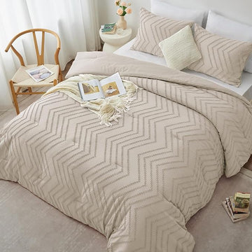 CozyLux King Size Comforter Set Beige - 3 Pieces Boho Tufted Shabby Chic Bedding Comforter Set for All Seasons, Chevron Bedding Sets with Comforter & 2 Pillow Shams