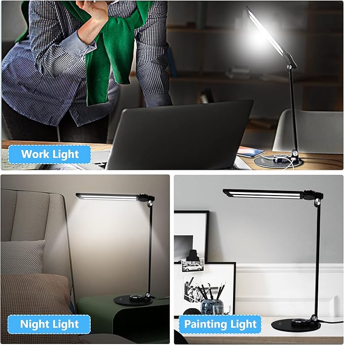 NUNET LED Desk Lamps for Home Office,Piano Lamp for Upright Piano,NULED Rotatable Aluminum Desk Lamp with USB Charging Port,Eye-Caring Reading Light/3 Lighting Modes/Brightness diammable Lamp,Silver