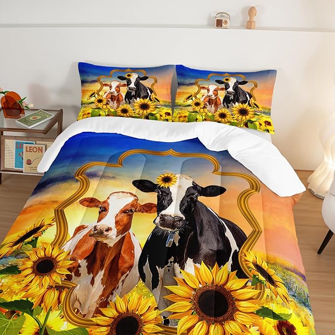 HOSIMA Animal Theme Bedding Set Bull and Cow Comforter with 2 Pillowcases,Sunflower Full Size Comforter Set for Adults Teens Kids,Brown Cowhide Black White Cow Print Western Bedding Sets.