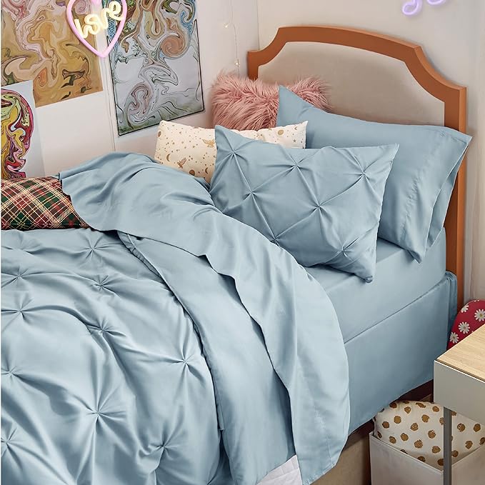 Bedsure Twin XL Comforter Set for Boys - Extra Long 5 Pieces Dorm Bedding Sets, Pinch Pleat Light Blue Bed in a Bag with Comforter, Sheets, Pillowcase & Sham