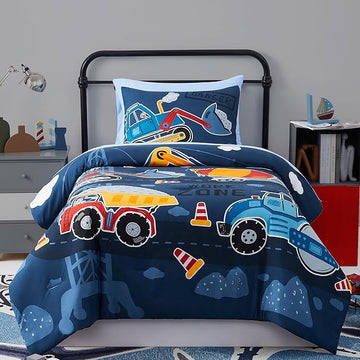 Truck Tractor Excavator Twin Comforter Set with Sheets - 5 Pieces Kids Twin Bedding Sets for Boys, Glow in The Dark Construction Trucks Twin Bed in a Bag for Kids, Teens