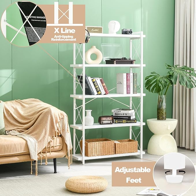 HCHQHS Bookshelf, 5-Tier Industrial Bookcase, White Open Book Shelf, Freestanding Tall Bookshelves with Metal Frame
