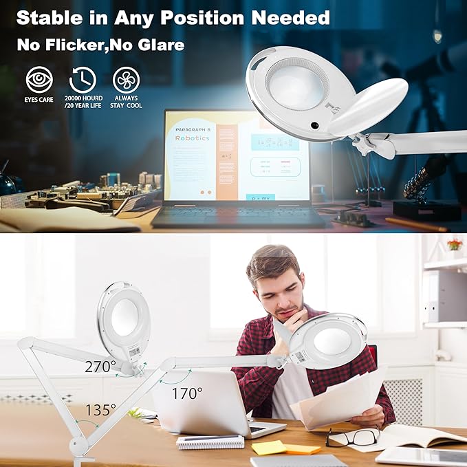 Large 10X Magnifying Glass with Light, 4.75 in Real Glass Stand Lighted Magnifier with Clamp, 2 in 1 Desk Lamp with 36 Color and Brightness Modes, Hands Free for Close Work, Crafts, Hobbies