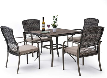Pamapic Outdoor Piece Patio Dining Set, Weather Resistant PE Rattan Table and Chairs, Comfortable Cushions, Easy Maintenance, 5 PCS, Beige