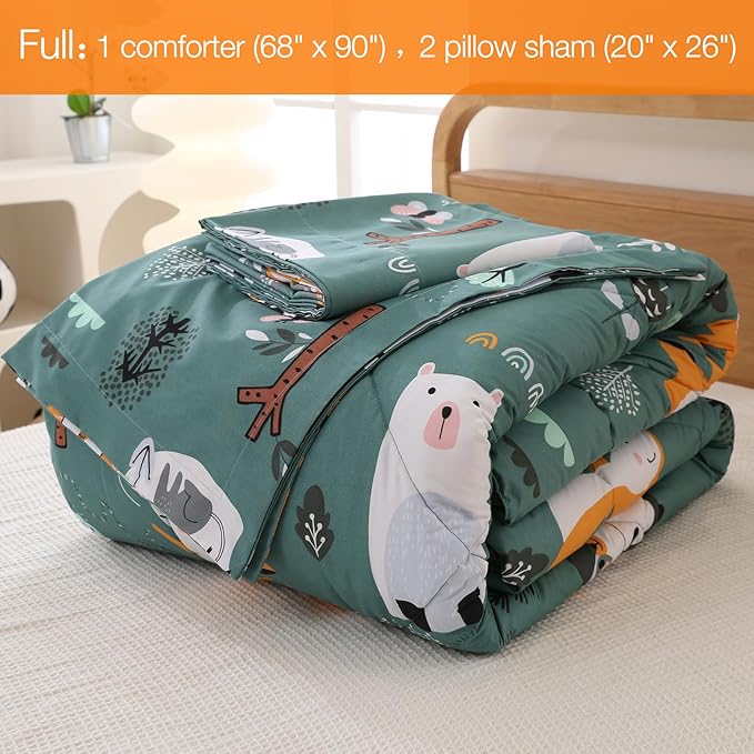 JSD Green Animal Forest Kids Comforter Set, 3 Pieces Full Microfiber Comforter with Pillow Shams, Soft Comfortable Machine Washable
