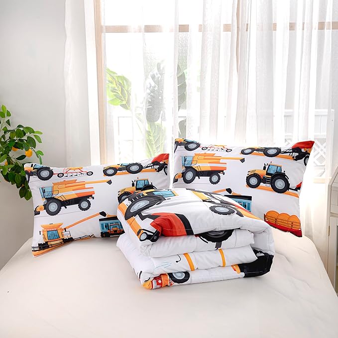 CVHOUSE Tractor Bedding Sets for Boys,Excavators Comforter Twin,Boys Cartoon Truck Comforter Set,Trucks Tractors Cars Quilt Set with 1 Comforter and 2 Pillow Cases- 3 Piece