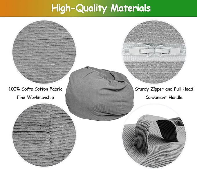 Stuffed Animal Storage Bean Bag Chair Cover (No Filler) Organizing Children's Plush Toys for Kids and Adults Keep your Memory Foam More Organized Gray