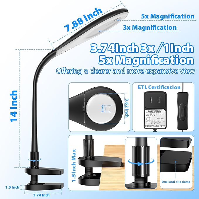 Magnifying Glass with Light, Flexible Gooseneck 3X&5X Glass Lens LED Magnifying Desk Lamp with Clamp, Hand Free Magnifying Lamp with Dust Cover for Reading, Painting, Craft, Repair
