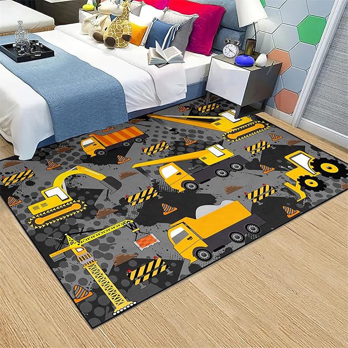 Construction Rugs for Boys Room Play Rug for Cars and Trucks Car Rug Play Mat Kids Rugs for Playroom Car Rug for Boys Room Construction Decor for Boys Room,Grey 4'5''×6'