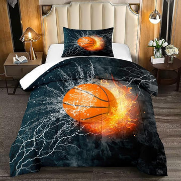 Basketball Comforter Set Twin, Sports Basketball Bedding for Boys Kids Teens Bedroom Orange Basketball Ice Fire Twin Size Comforter Set for Boys 2 Pieces(1 Comforter 1 Pillowcase)