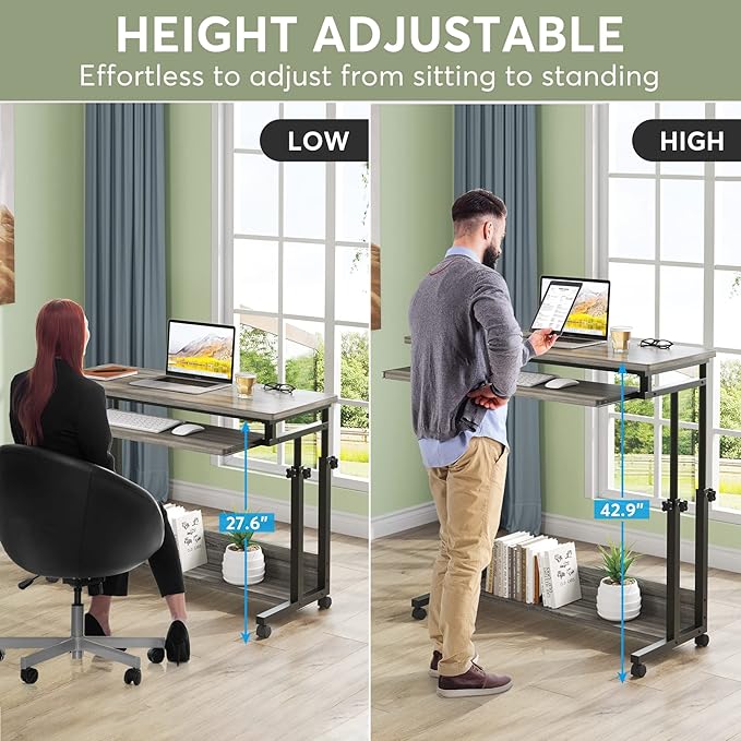 Tribesigns Portable Desk for Sofa and Bed, Height Adjustable Mobile Laptop Table Small Standing Desk Rolling Computer Cart with Keyboard Tray on Wheels for Home Office (Grey)