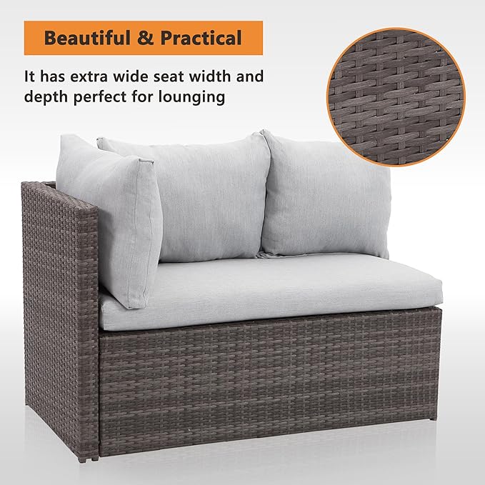Solaste 7 Piece Patio Furniture Set, All Weather Wicker Patio Conversation Sets with Cushion Seat & Pillows, Outdoor Dining Set, Patio Furniture Outdoor Sectional, Grey