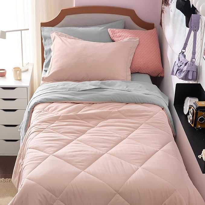 Bedsure Blush Pink Twin Comforter Set - 5 Pieces Reversible Twin Bed in a Bag, Extra Long Twin Bed Set with Comforters, Sheets, Pillowcase & Sham, Twin Bedding Sets for College