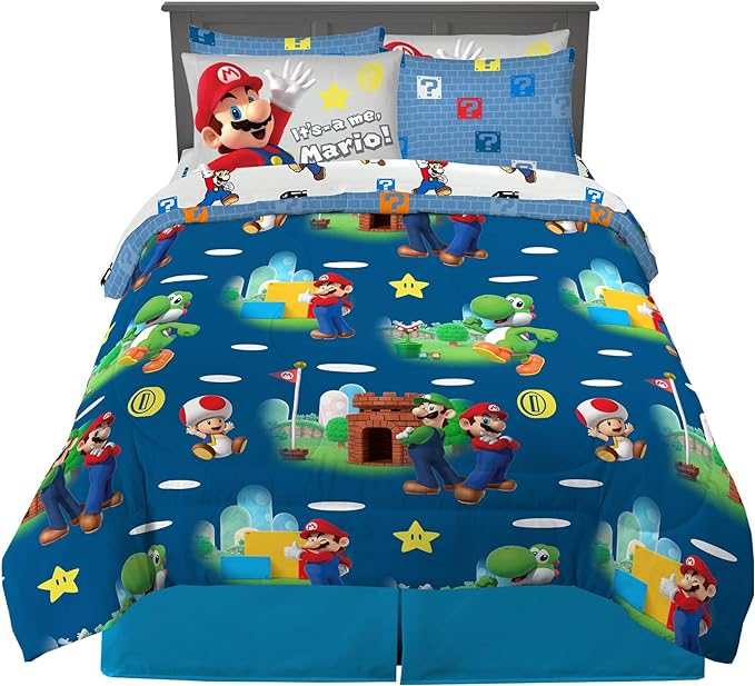 Franco Kids Bedding Super Soft Comforter and Sheet Set with Sham, 7 Piece Full Size, Mario