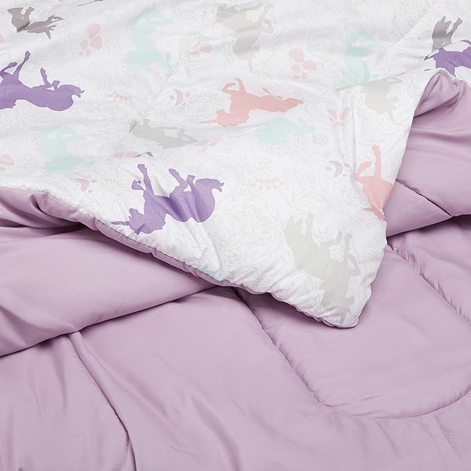 Amazon Basics Easy-Wash Microfiber Kid's 2-Piece Comforter and Pillow Sham Set, Animal Printed, Twin, Purple Unicorns