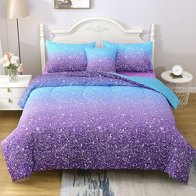 JQinHome Glitter Comforter Set Twin Size,6 Piece Bed in A Bag 3D Colorful Ombre Bedding Set for Girls kids(1 Comforter,2 Pillowcases,1 Flat Sheet,1 Fitted Sheet,1 Cushion Cover)(Blue Purple)