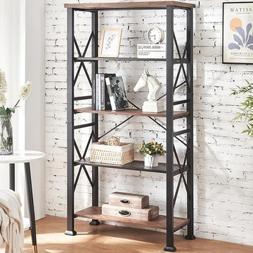 HOMBAZAAR Bookshelf, 5-Tier Industrial Bookshelf, Etagere Bookcases and Bookshelves, Tall Bookshelf Storage Organizer, Freestanding Bookshelf for Living Room, Bedroom and Home Office, Brown