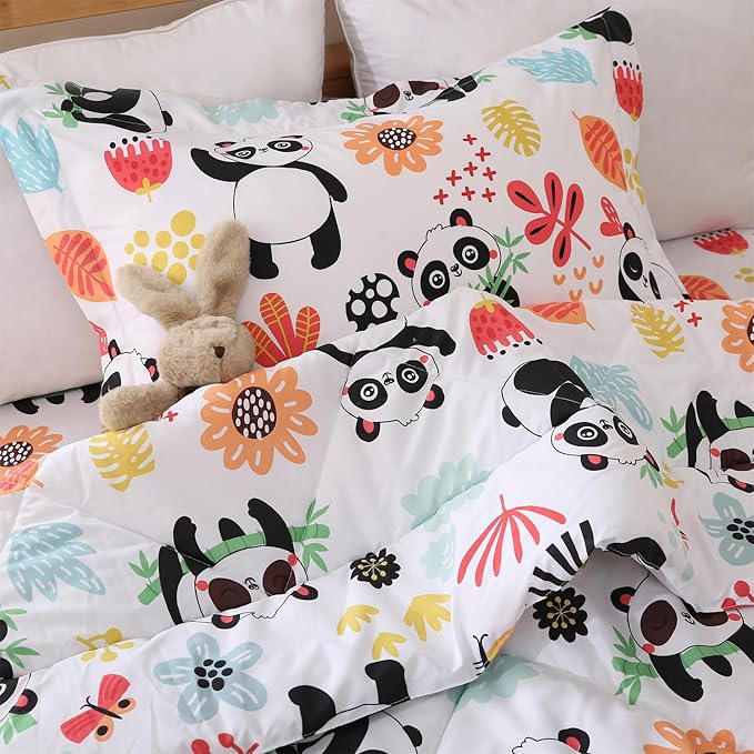 JSD Panda Flower Kids Comforter Set, 2 Pieces Twin Microfiber Comforter with Pillow Sham, Soft Comfortable Machine Washable