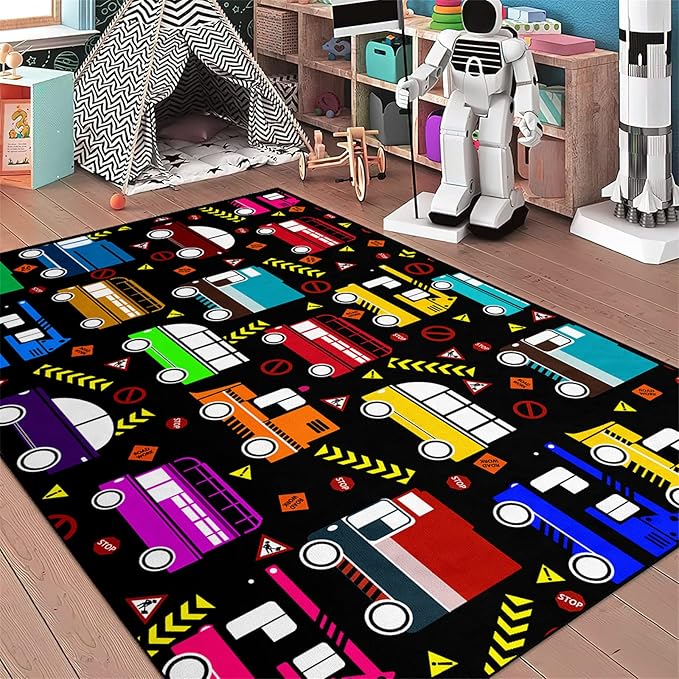 Car Play Mat Kids Rugs for Playroom Car Track Rug Kids Mat Construction Play Mat Car Play Rug Car Carpet for Kids Carpet for Bedroom Truck Rugs for Boys Room,Black 4'×5'