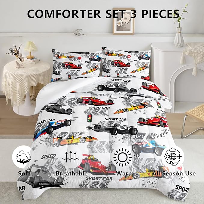 Axolotl Racing Car Comforter Set Queen Size,Extreme Sports Boys Bedding Set for Boys Teens Girls Car Racing Gifts,Race Cars Quilt Bed Set with 1 Comforter 2 Pillowcases,Multi Color