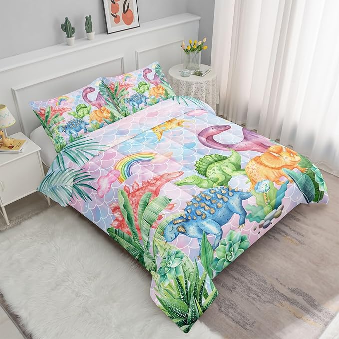 Datura home Kids Dinosaur Comforter Set for Girls Women,Cute Mermaid Scales and Rainbow Cloud Printed Pattern Kawaii Dinosaur Bedding Set with 2 Pillowcases(Dinosaur Rainbow Full)