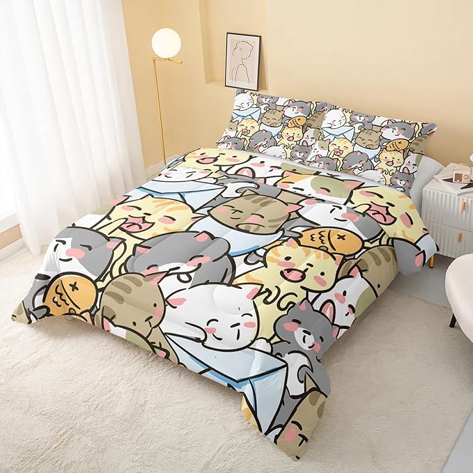 Kawaii Cat Comforter King Size,Cute Cat Comforter Set for Kids Teens Girls,3Pcs Bedding Set Printed Comforter with 2 Pillowcases,Down Alternative,Soft and Lightweight，King Size