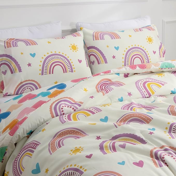 Btargot Lightweight Soft 3 Piece Rainbow Comforter Set with 2 Pillow Covers, Cartoon Love Hearts Suns and Stars Bedding Set for Girls Boys Kids, Queen Purple