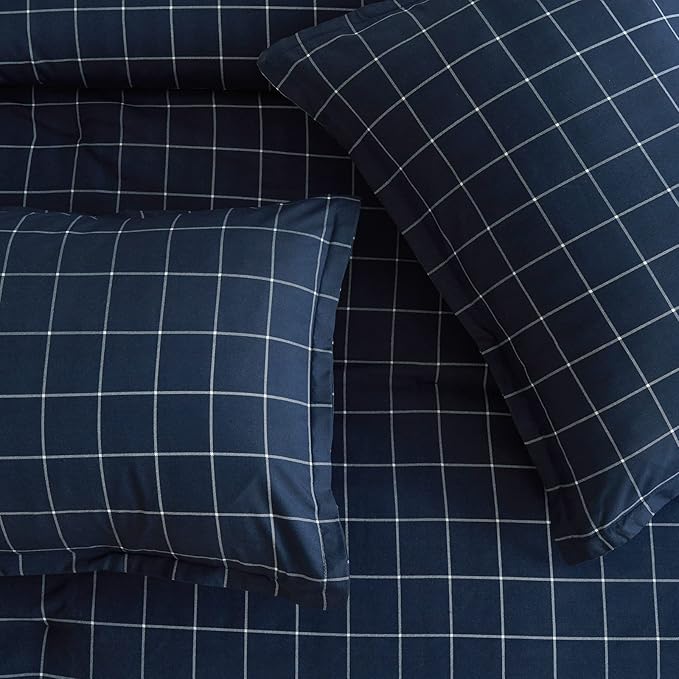 Andency Navy Grid Comforter Set King Size (104x90 Inch), 3 Pieces(1 Grid Comforter and 2 Pillowcases), Summer Lightweight Microfiber Down Alternative Navy Comforter with White Lines