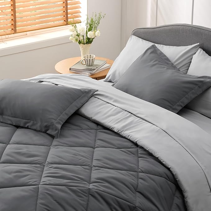 Bedsure Dark Grey Queen Comforter Set - 7 Pieces Reversible Queen Bed in a Bag, Queen Bed Set Dark Grey with Comforters, Sheets, Pillowcases & Shams