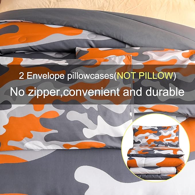Meeting Story Kids Camo Bedding Set, Army Camouflage Bedding Queen Comforter Set for Boys Girls Teens Bedroom Decoration, 3Pcs (Orange, Queen)