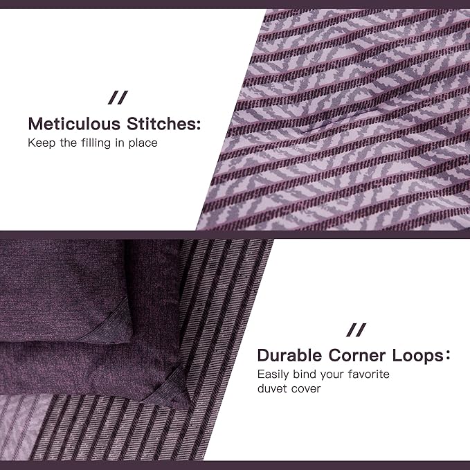 Litanika Purple Full Comforter Set, 3 Pieces Striped Bedding Set, Lightweight Soft All Season Down Alternative Comforter Set with Corner Loops (1 Gray&Purple Comforter, 2 Pillowcases)