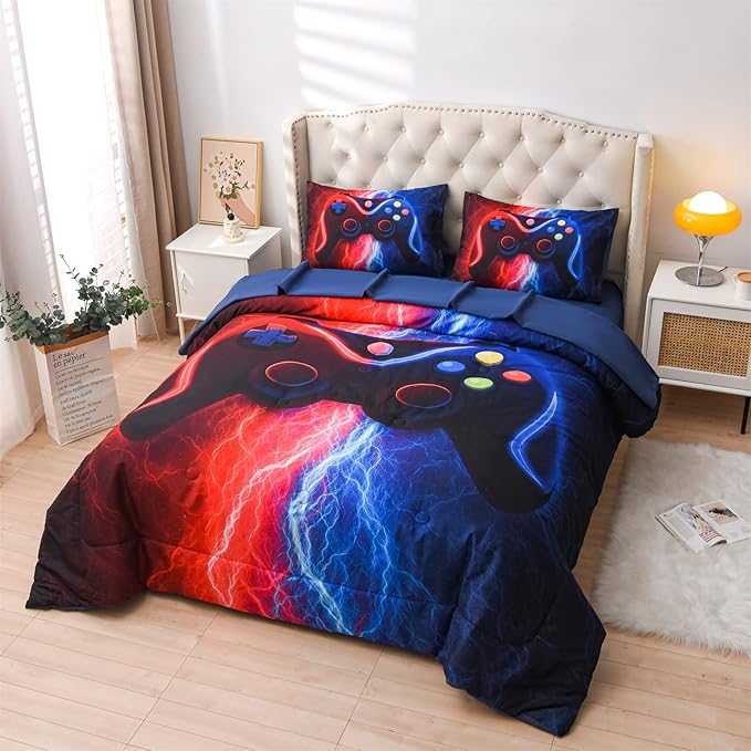 Meeting Story Gamer Gaming Bedding Sets Red-Blue Lightnings Gamepad Comforter Set for Boys Games Console Action Buttons Novelty Colorful Modern Room Decor Home Quilt Set (Red-Blue, Twin 5Pcs)