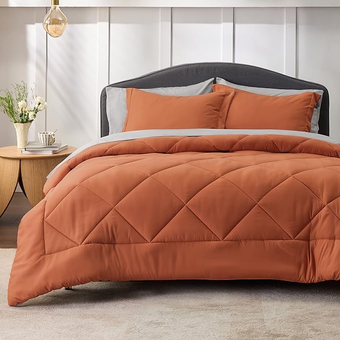 Bedsure Burnt Orange Twin XL Comforter Set - 5 Pieces Reversible Twin XL Bed in a Bag Twin XL Bed Set with Comforters, Sheets, Pillowcase & Sham, Twin XL Bedding Sets