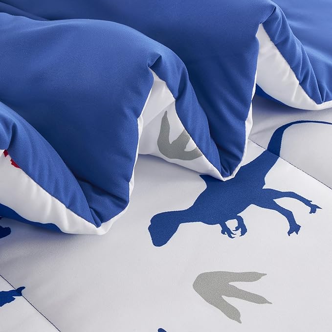 SLEEP ZONE Cartoon Dinosaur Comforter Set, Dark Blue Kids Bedding Set for Boys, Dinosaurs Print Comforter, Sheet, Pillowcase & Sham (Dinosaur Footprints, Twin)
